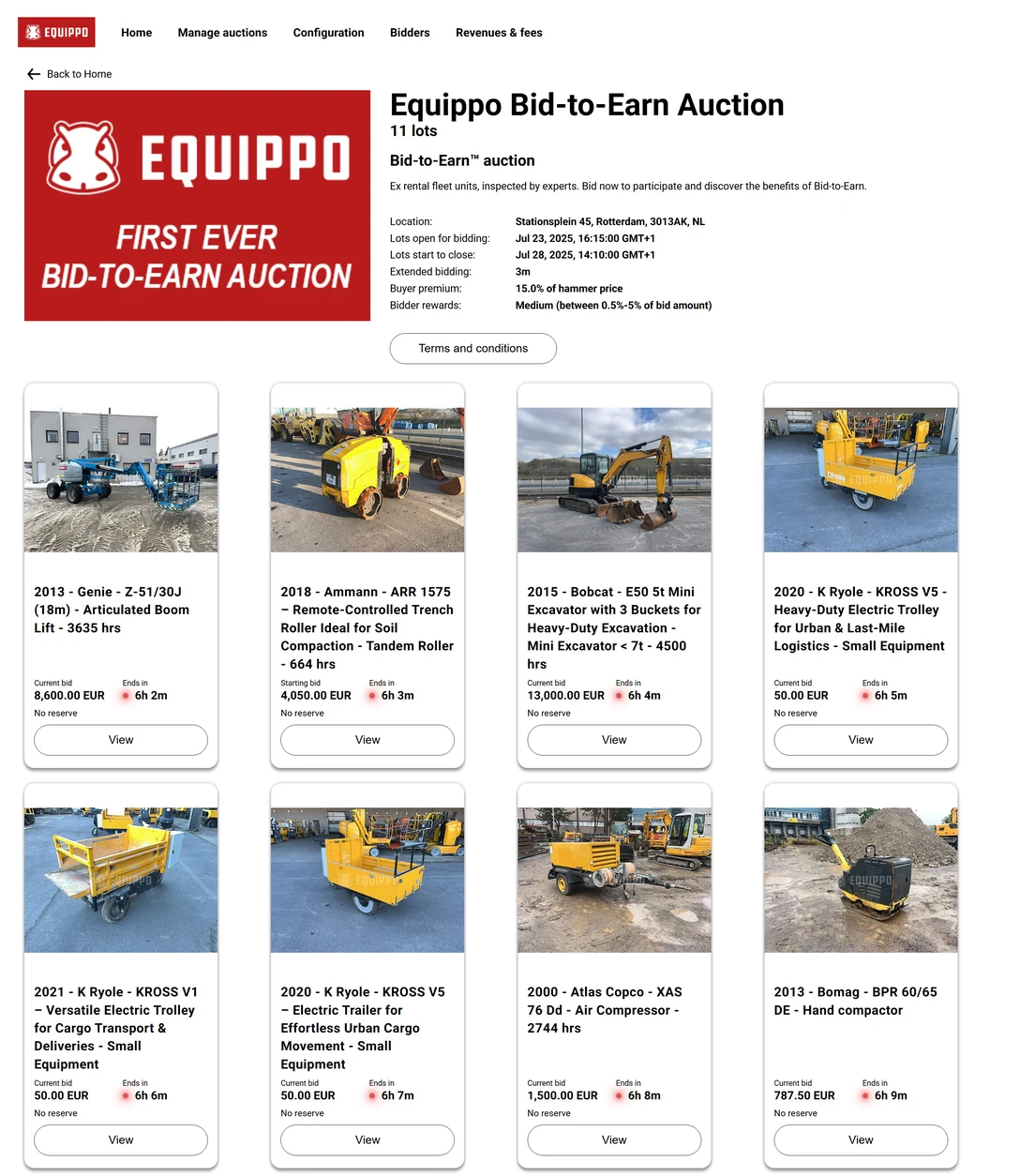 The Equippo Bid-to-Earn auction page: 11 lots of ex-rental construction equipment — boom lifts, a mini excavator, electric trolleys, a compactor — each with a current bid in euros. The header gives the location as Rotterdam, bidding open 23 to 28 July 2025, a 15 per cent buyer premium, and bidder rewards set to Medium, between 0.5 and 5 per cent of the bid amount.
